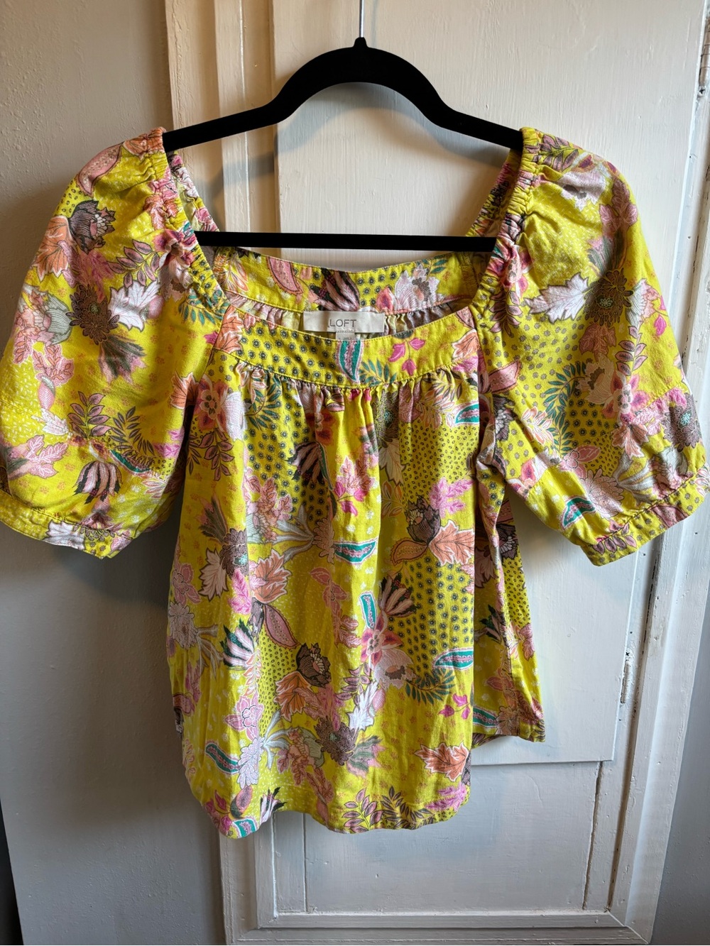 LOFT Sunlit Floral Puff-Sleeve Square Neck Blouse